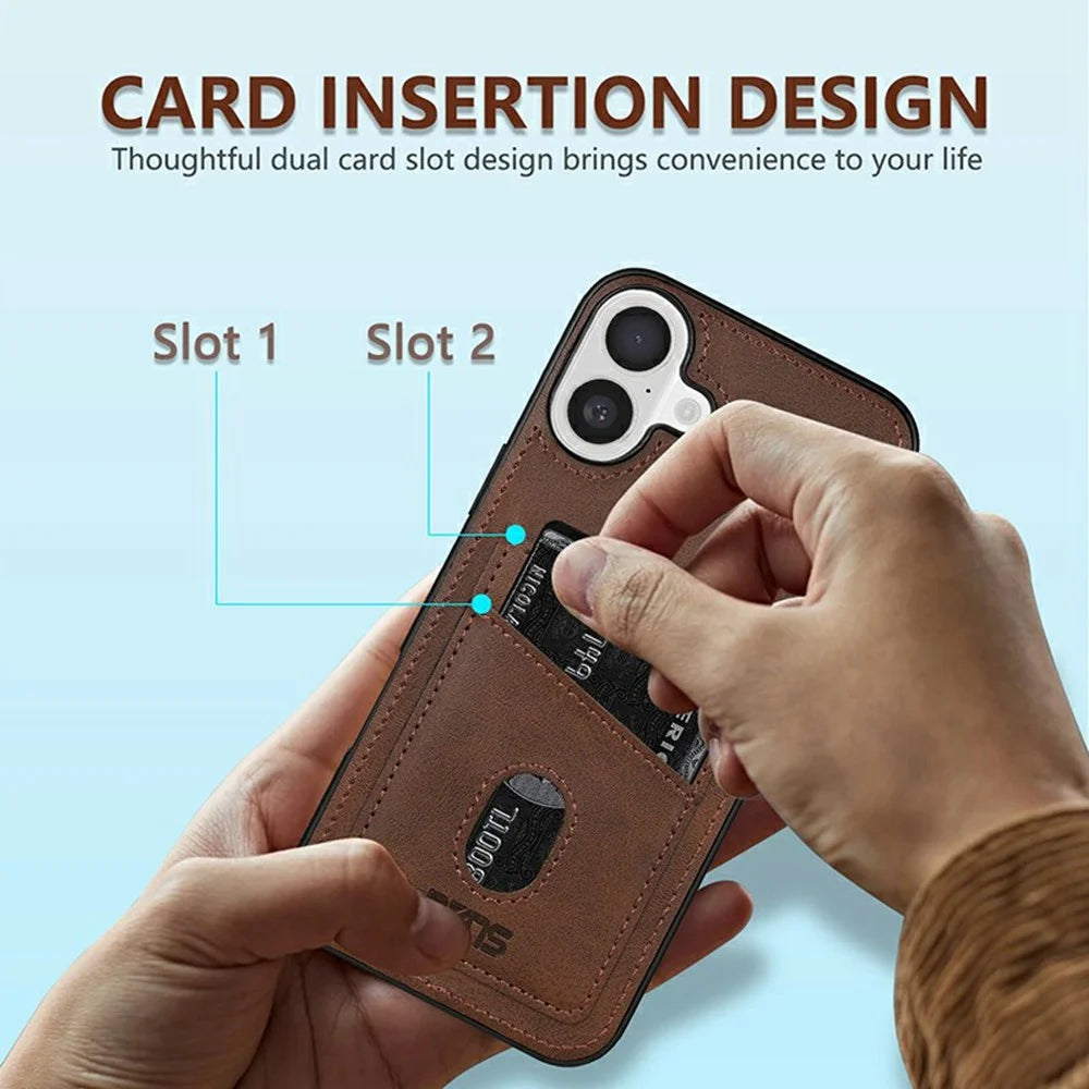 AZNS K1 Series For iPhone 16 Plus Case Calf Texture Anti-Drop PU+TPU Phone Cover with 2 Card Slot - Coffee - 7
