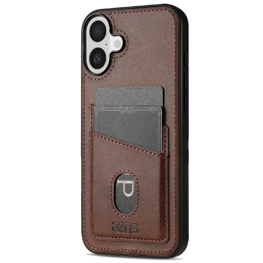 AZNS K1 Series For iPhone 16 Case Calf Texture Anti-Drop PU+TPU Phone Cover with 2 Card Slot - Coffee - 2