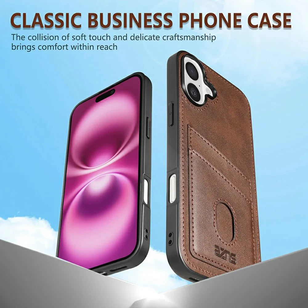 AZNS K1 Series For iPhone 16 Case Calf Texture Anti-Drop PU+TPU Phone Cover with 2 Card Slot - Coffee - 3