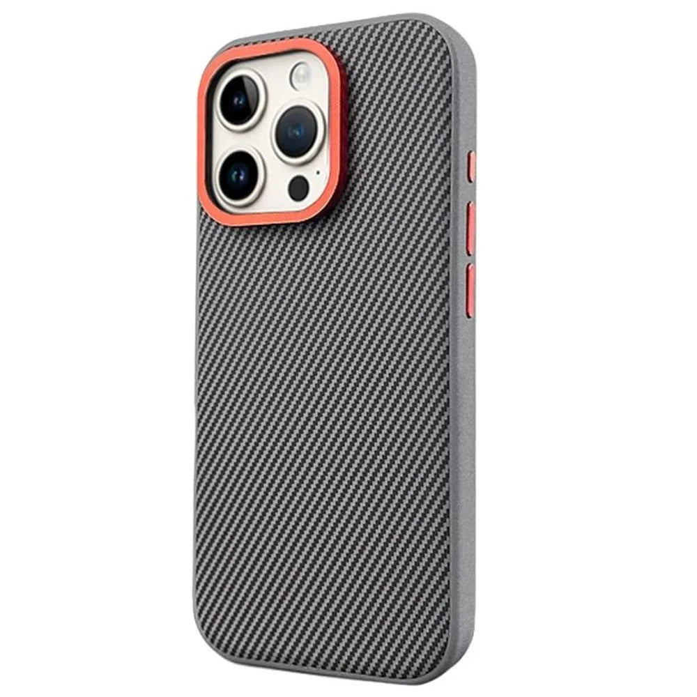 For iPhone 16 Pro Max Case Carbon Fiber Texture PU+PC+TPU Phone Cover with Metal Lens Frame - Grey - 1