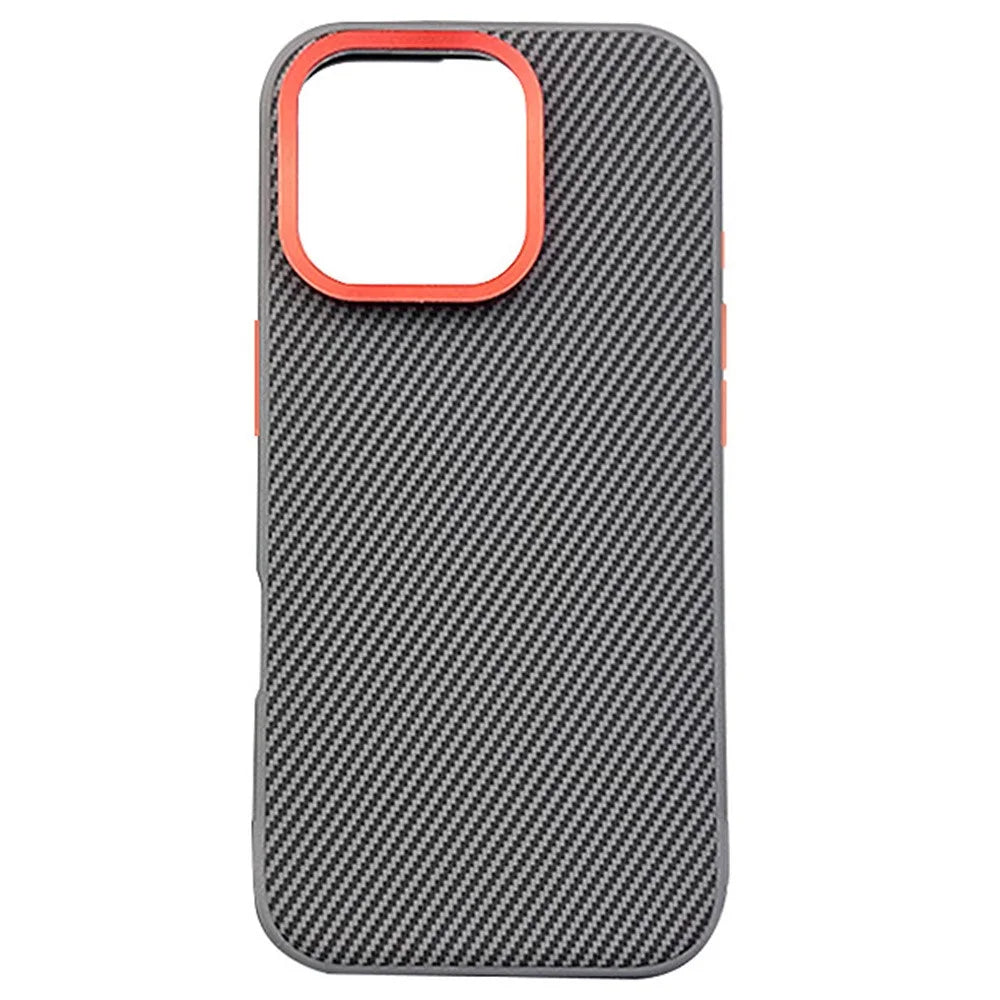 For iPhone 16 Pro Max Case Carbon Fiber Texture PU+PC+TPU Phone Cover with Metal Lens Frame - Grey - 2