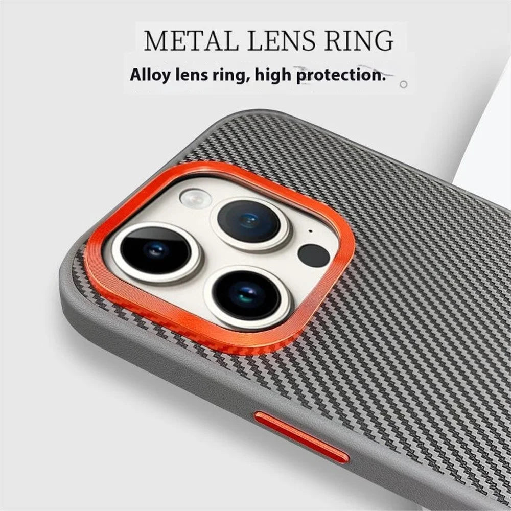 For iPhone 16 Pro Max Case Carbon Fiber Texture PU+PC+TPU Phone Cover with Metal Lens Frame - Grey - 3