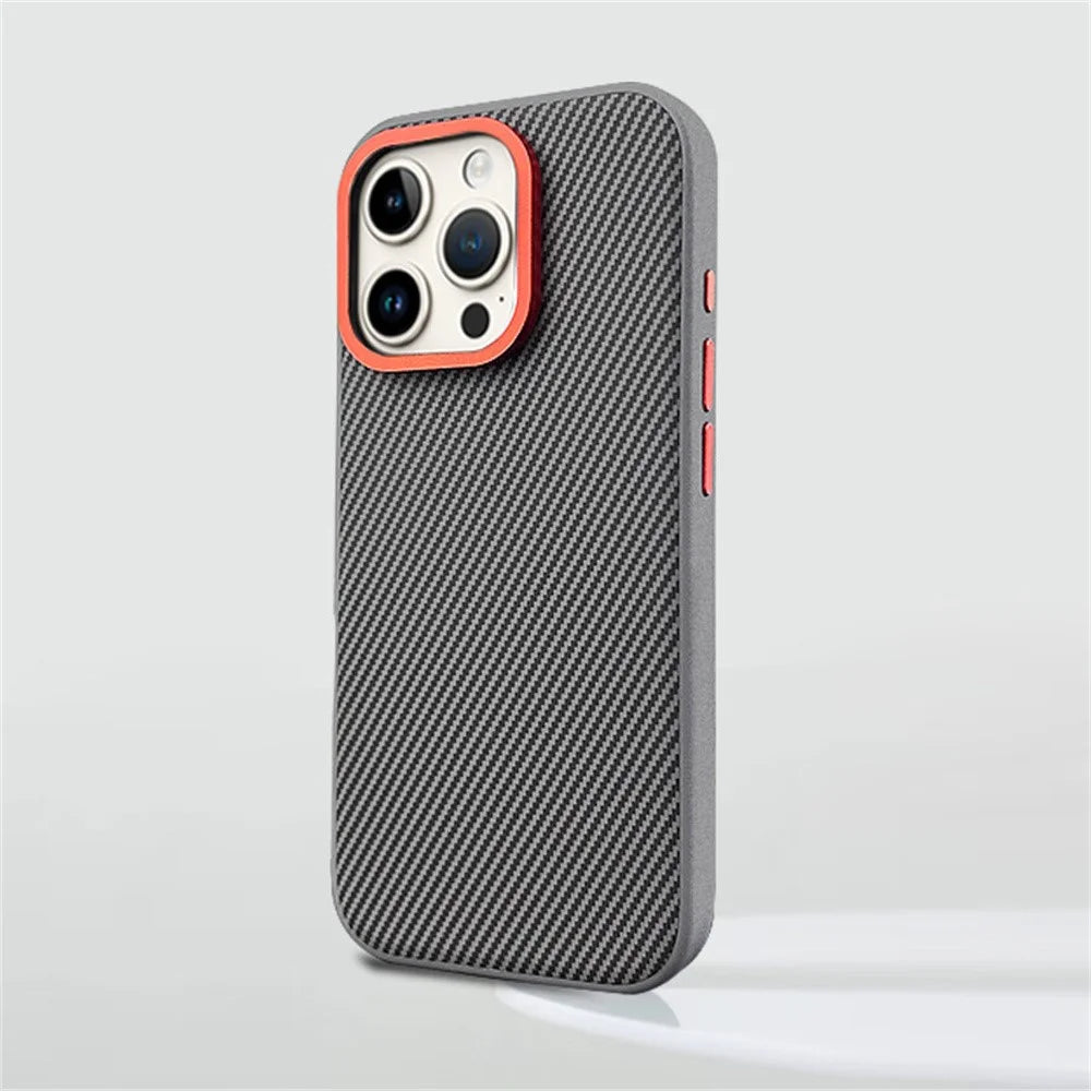 For iPhone 16 Pro Max Case Carbon Fiber Texture PU+PC+TPU Phone Cover with Metal Lens Frame - Grey - 4