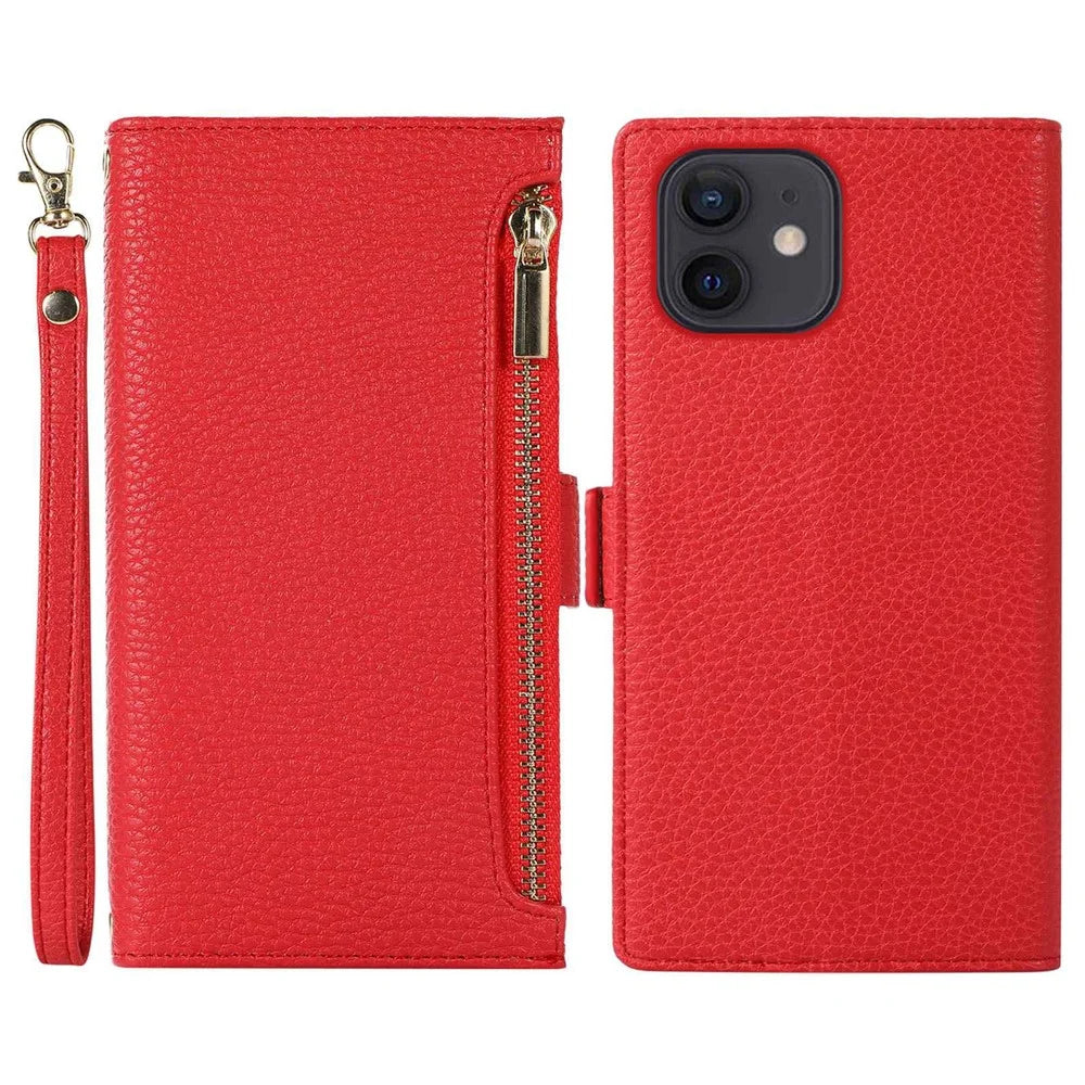 For iPhone 11 6.1 inch Zipper Pocket Design Litchi Texture Phone Case, PU Leather Flip Cover Foldable Stand Wallet with Strap - Red - 1