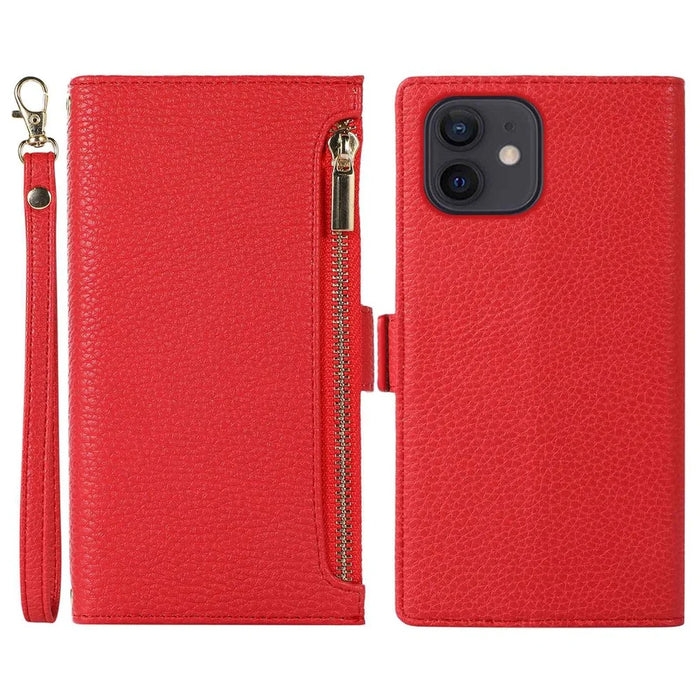 For iPhone 11 6.1 inch Zipper Pocket Design Litchi Texture Phone Case, PU Leather Flip Cover Foldable Stand Wallet with Strap - Red - 1