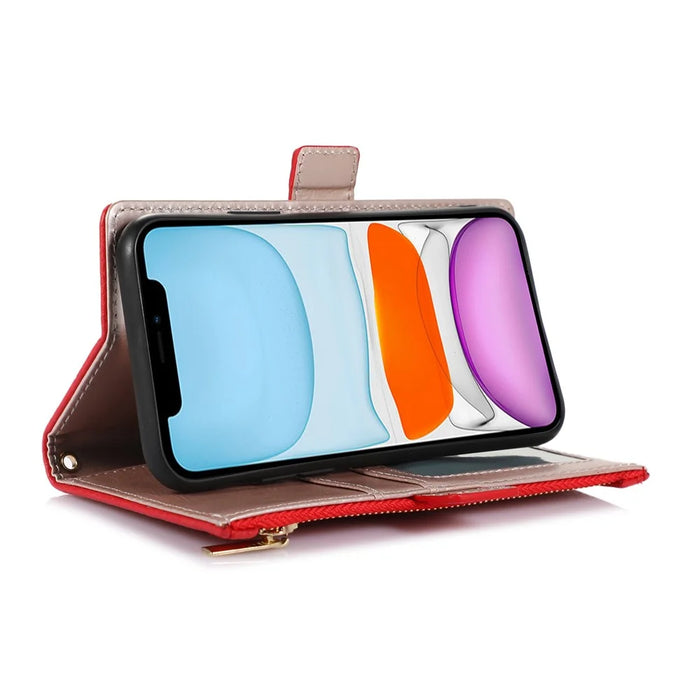 For iPhone 11 6.1 inch Zipper Pocket Design Litchi Texture Phone Case, PU Leather Flip Cover Foldable Stand Wallet with Strap - Red - 3