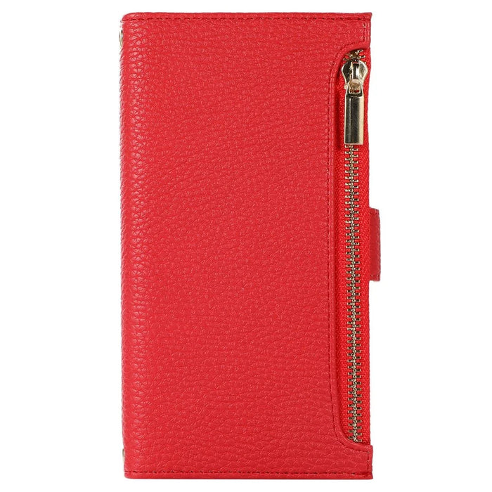 For iPhone 11 6.1 inch Zipper Pocket Design Litchi Texture Phone Case, PU Leather Flip Cover Foldable Stand Wallet with Strap - Red - 7