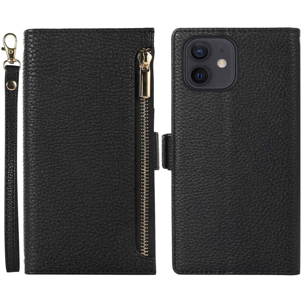 For iPhone 12 / 12 Pro 6.1 inch Zipper Pocket Design Litchi Texture Phone Case, PU Leather Flip Cover Stand Wallet with Strap - Black - 1