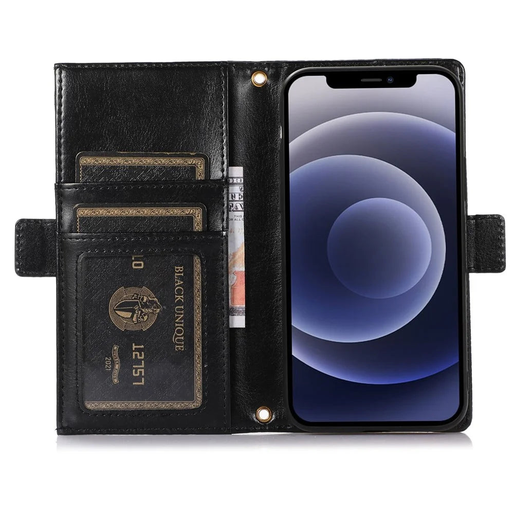 For iPhone 12 / 12 Pro 6.1 inch Zipper Pocket Design Litchi Texture Phone Case, PU Leather Flip Cover Stand Wallet with Strap - Black - 2