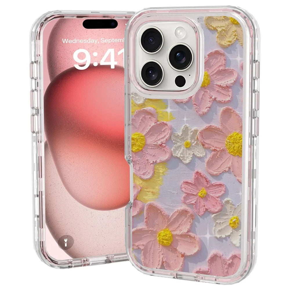 GW02 For iPhone 16 Pro Max Case IMD Pattern TPU+PC Shockproof Phone Cover - Pink Flower - 1