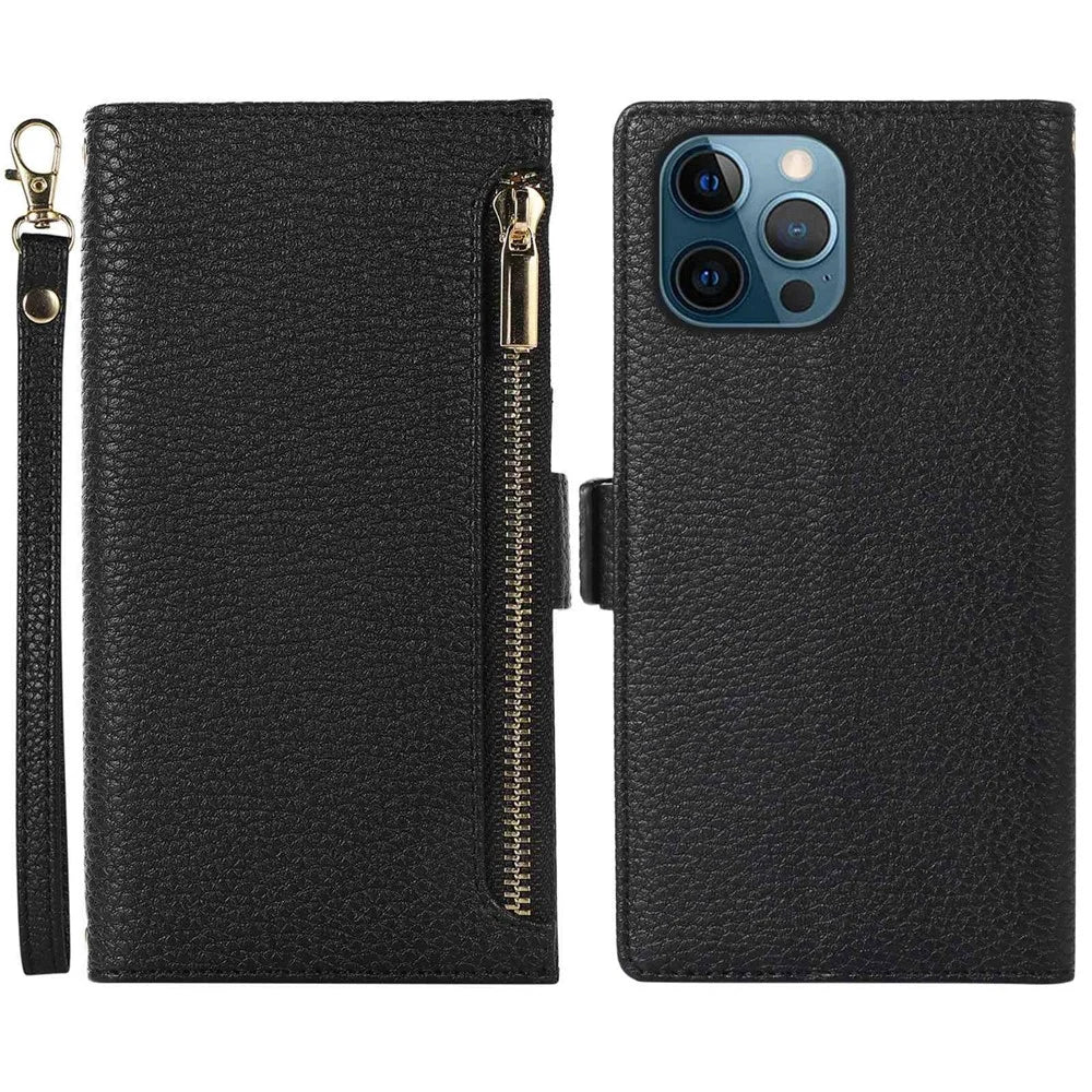 For iPhone 12 Pro Max 6.7 inch Zipper Pocket Design Litchi Texture Phone Case, PU Leather Shockproof Flip Cover Wallet with Strap - Black - 1