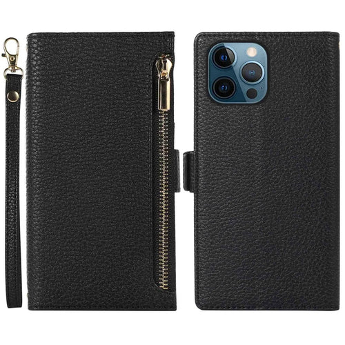 For iPhone 12 Pro Max 6.7 inch Zipper Pocket Design Litchi Texture Phone Case, PU Leather Shockproof Flip Cover Wallet with Strap - Black - 1