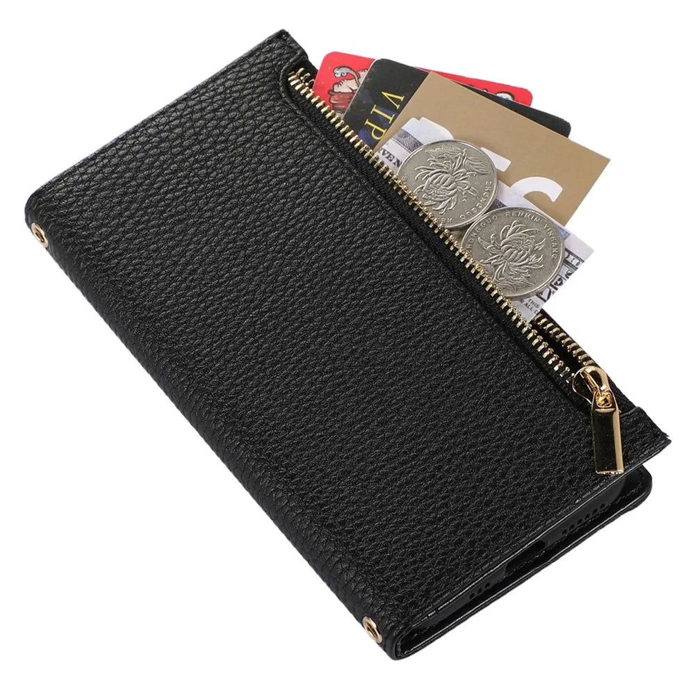 For iPhone 12 Pro Max 6.7 inch Zipper Pocket Design Litchi Texture Phone Case, PU Leather Shockproof Flip Cover Wallet with Strap - Black - 4