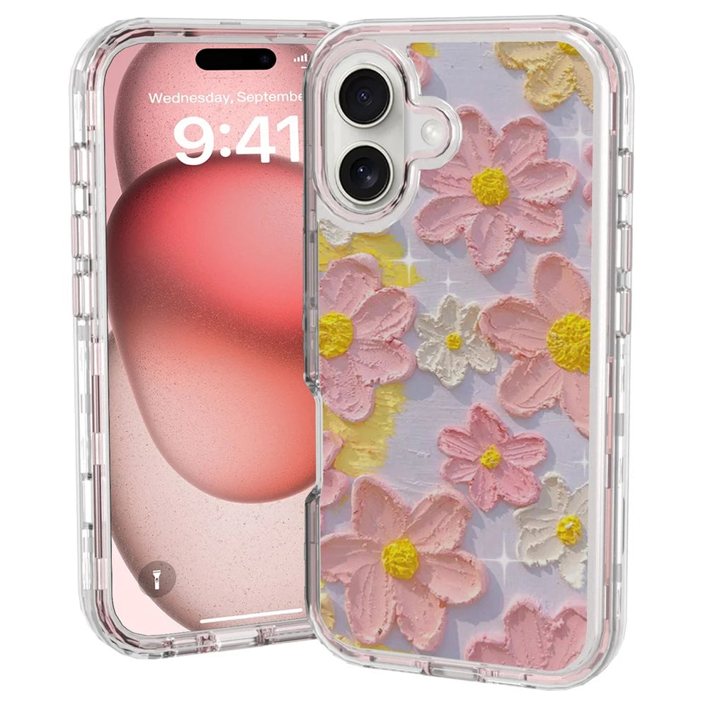 GW02 For iPhone 16 Plus Case IMD Pattern TPU+PC Shockproof Phone Cover - Pink Flower - 1