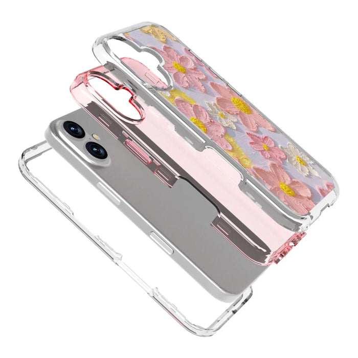 GW02 For iPhone 16 Plus Case IMD Pattern TPU+PC Shockproof Phone Cover - Pink Flower - 2