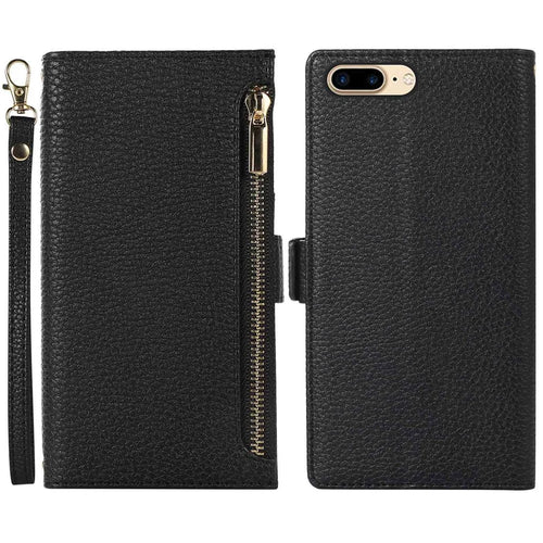 For iPhone 6 Plus / 6s Plus / 7 Plus / 8 Plus 5.5 inch Anti-collision Zipper Pocket Design Litchi Texture Phone Case, PU Leather Flip Cover Wallet with Strap - Black - 1