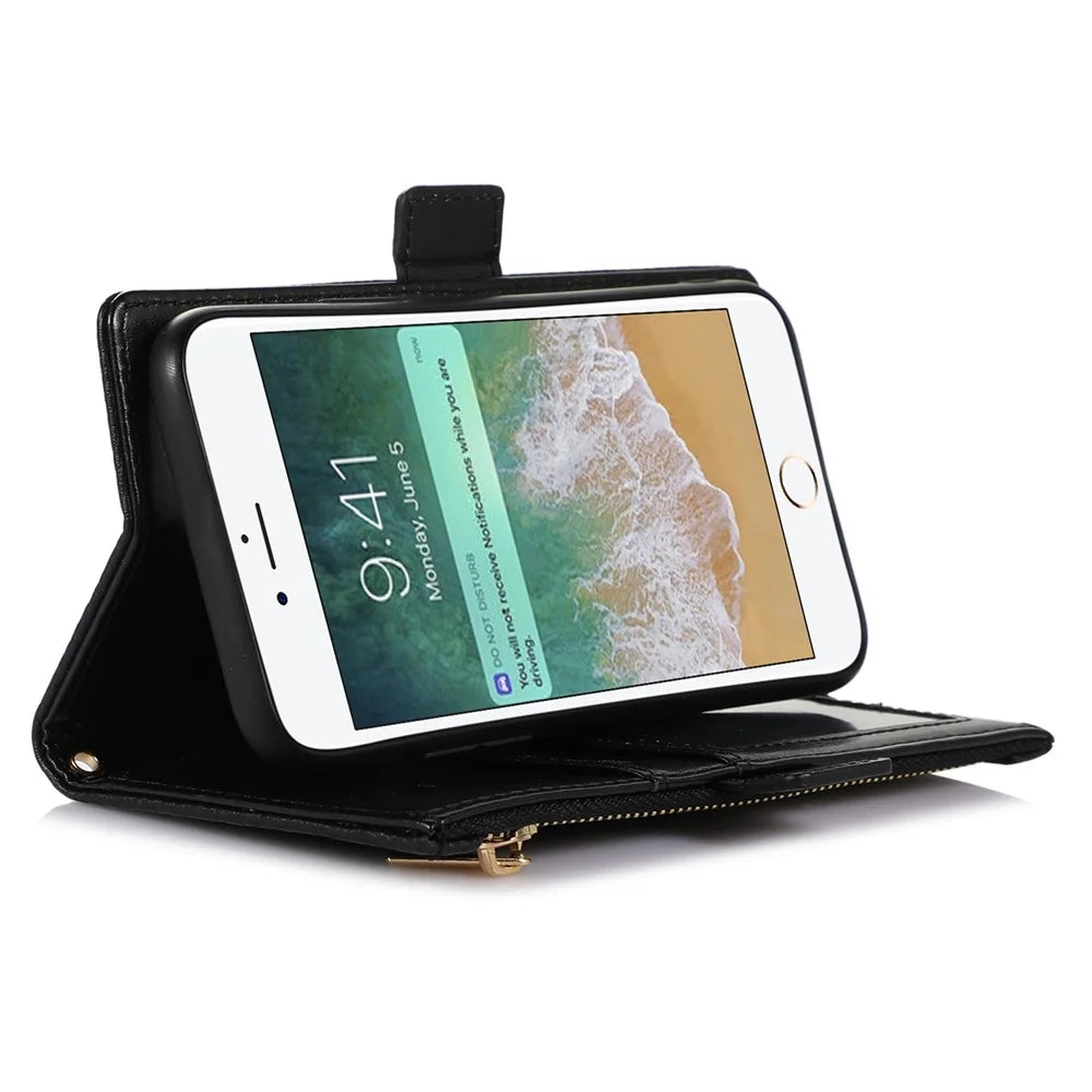 For iPhone 6 Plus / 6s Plus / 7 Plus / 8 Plus 5.5 inch Anti-collision Zipper Pocket Design Litchi Texture Phone Case, PU Leather Flip Cover Wallet with Strap - Black - 2