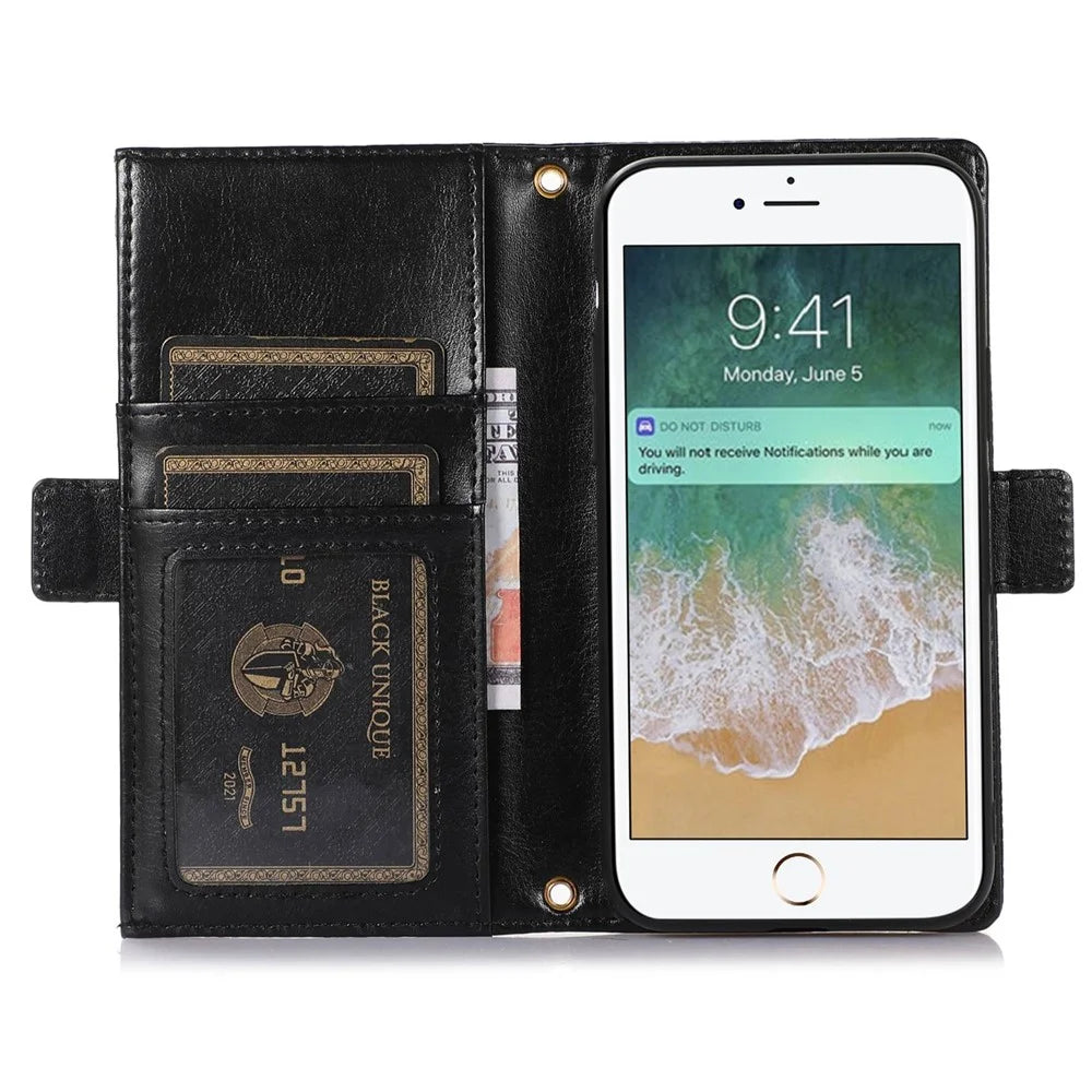 For iPhone 6 Plus / 6s Plus / 7 Plus / 8 Plus 5.5 inch Anti-collision Zipper Pocket Design Litchi Texture Phone Case, PU Leather Flip Cover Wallet with Strap - Black - 3