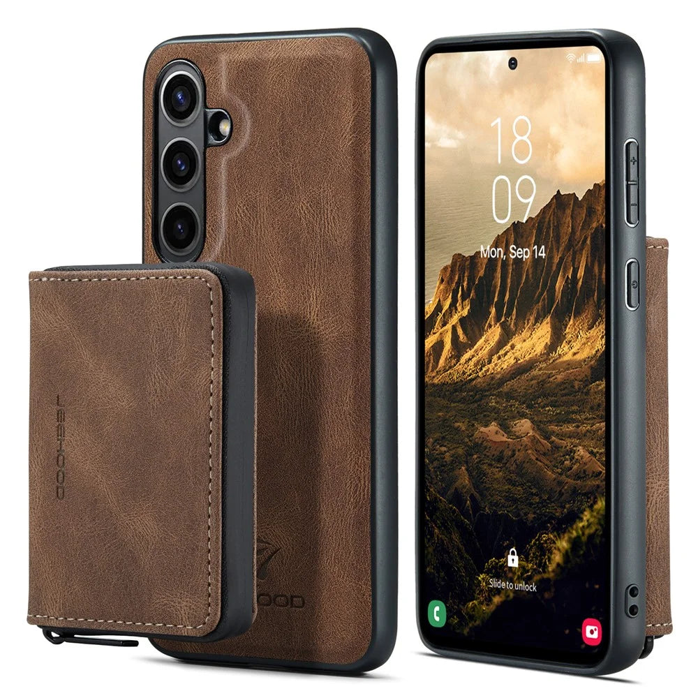 CASEME For Samsung Galaxy S24 FE Case JEEHOOD J02 Detachable 2-in-1 Leather Coated TPU Phone Cover with Kickstand Zipper Wallet - Brown - 1