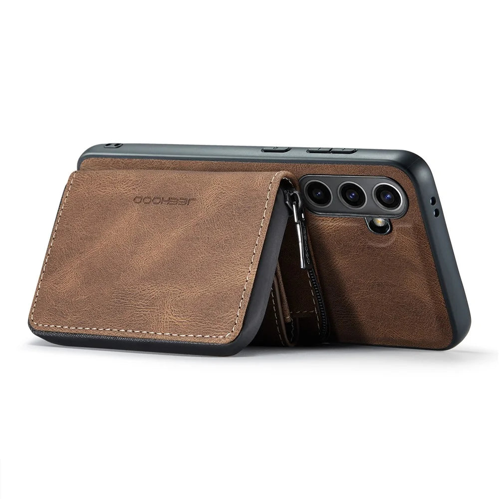 CASEME For Samsung Galaxy S24 FE Case JEEHOOD J02 Detachable 2-in-1 Leather Coated TPU Phone Cover with Kickstand Zipper Wallet - Brown - 3