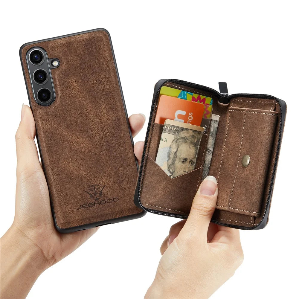 CASEME For Samsung Galaxy S24 FE Case JEEHOOD J02 Detachable 2-in-1 Leather Coated TPU Phone Cover with Kickstand Zipper Wallet - Brown - 5