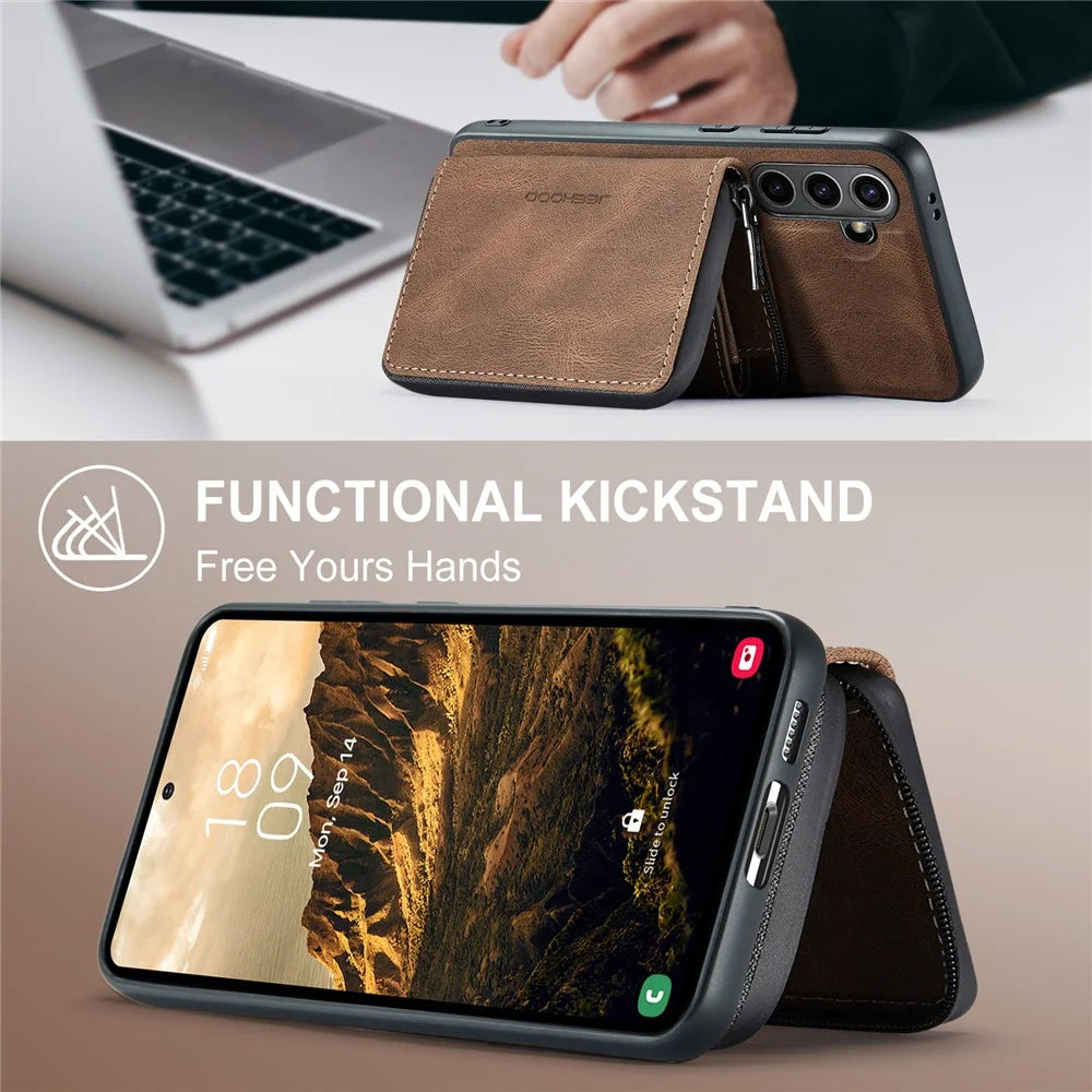 CASEME For Samsung Galaxy S24 FE Case JEEHOOD J02 Detachable 2-in-1 Leather Coated TPU Phone Cover with Kickstand Zipper Wallet - Brown - 6