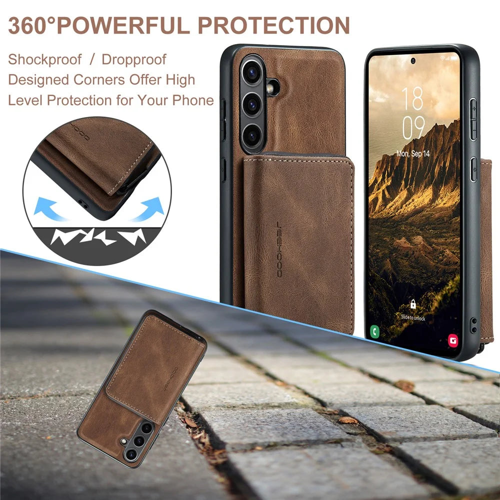 CASEME For Samsung Galaxy S24 FE Case JEEHOOD J02 Detachable 2-in-1 Leather Coated TPU Phone Cover with Kickstand Zipper Wallet - Brown - 7