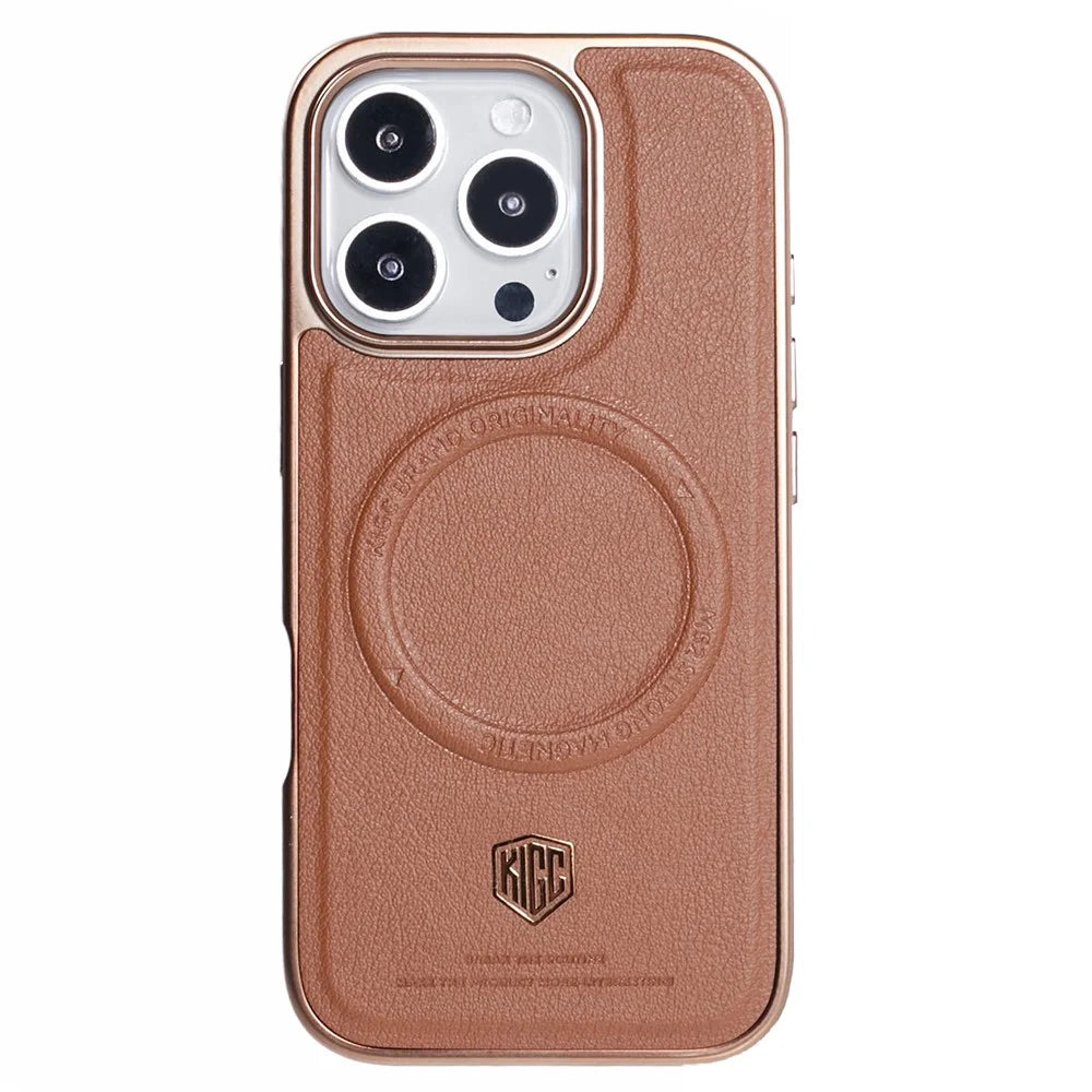 KIGC For iPhone 16 Pro Max Case Compatible with MagSafe PC+TPU+PU Electroplating Phone Cover - Titanium Gold - 3