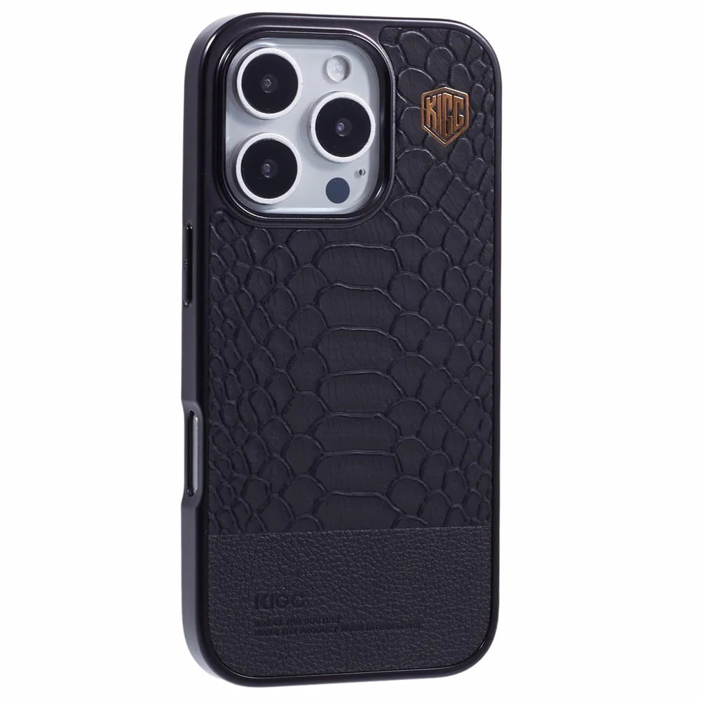 KIGC For iPhone 16 Pro Max Case Compatible with MagSafe Crocodile Texture PU+PC+TPU Electroplating Phone Cover - Black - 1