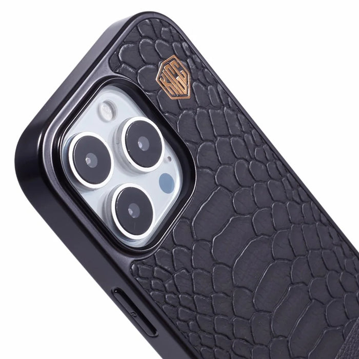 KIGC For iPhone 16 Pro Max Case Compatible with MagSafe Crocodile Texture PU+PC+TPU Electroplating Phone Cover - Black - 7