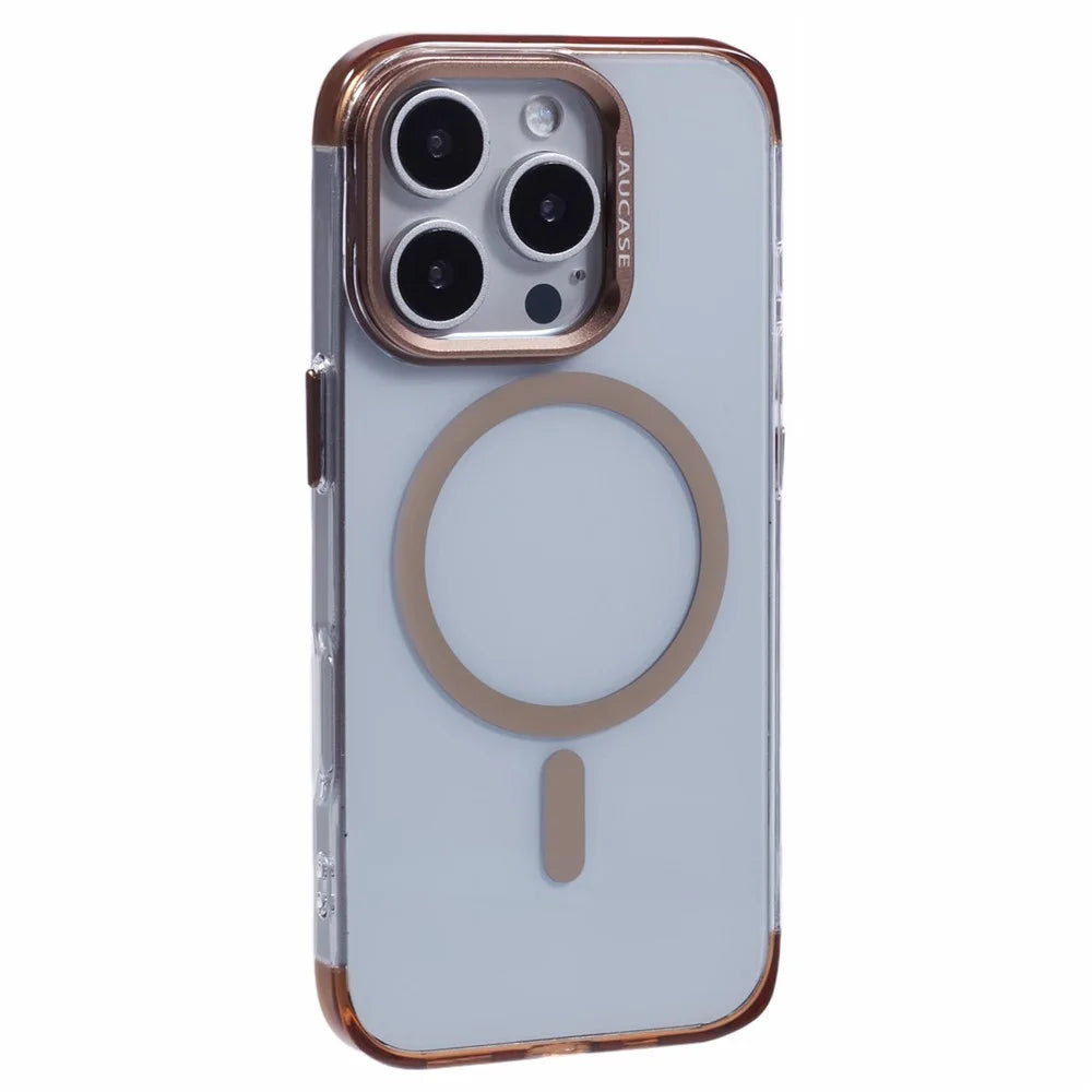 JAUCASE For iPhone 16 Pro Max Clear Case Compatible with MagSafe Lens Frame Kickstand PC+TPU Phone Cover - Gold - 1