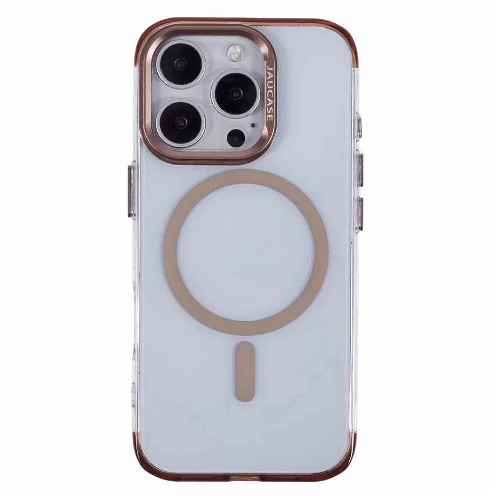 JAUCASE For iPhone 16 Pro Max Clear Case Compatible with MagSafe Lens Frame Kickstand PC+TPU Phone Cover - Gold - 3