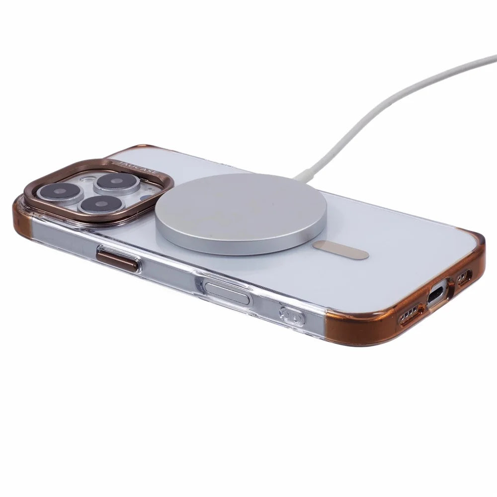 JAUCASE For iPhone 16 Pro Max Clear Case Compatible with MagSafe Lens Frame Kickstand PC+TPU Phone Cover - Gold - 4