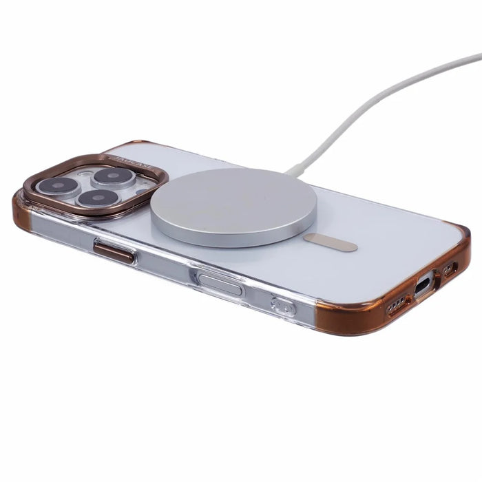 JAUCASE For iPhone 16 Pro Max Clear Case Compatible with MagSafe Lens Frame Kickstand PC+TPU Phone Cover - Gold - 4