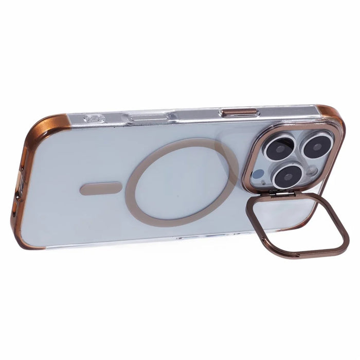 JAUCASE For iPhone 16 Pro Max Clear Case Compatible with MagSafe Lens Frame Kickstand PC+TPU Phone Cover - Gold - 5