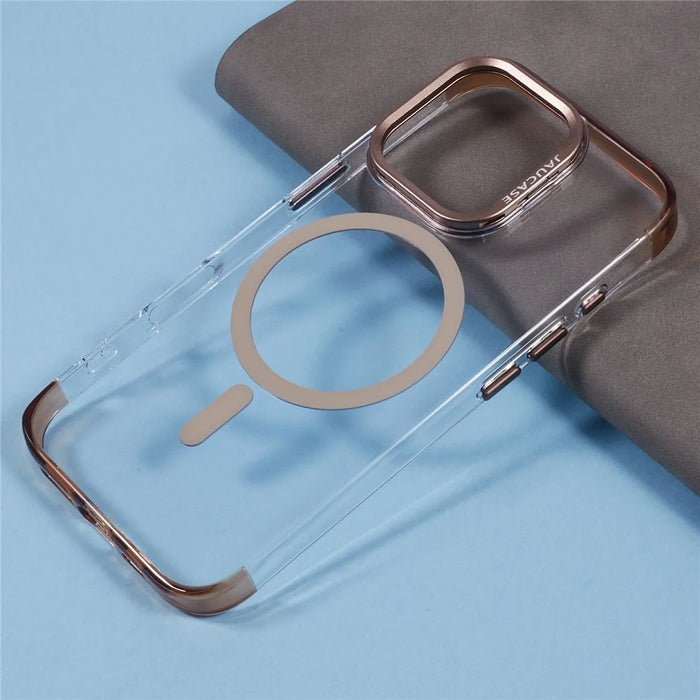 JAUCASE For iPhone 16 Pro Max Clear Case Compatible with MagSafe Lens Frame Kickstand PC+TPU Phone Cover - Gold - 7