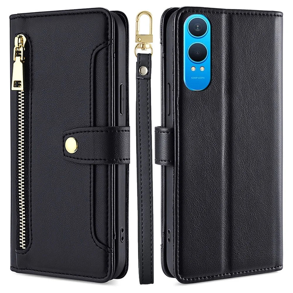 For OnePlus Nord CE4 Lite 5G / Oppo K12x 5G (China) Case PU Leather Crossbody Phone Cover with Zipper Pocket Wallet - Black - 1