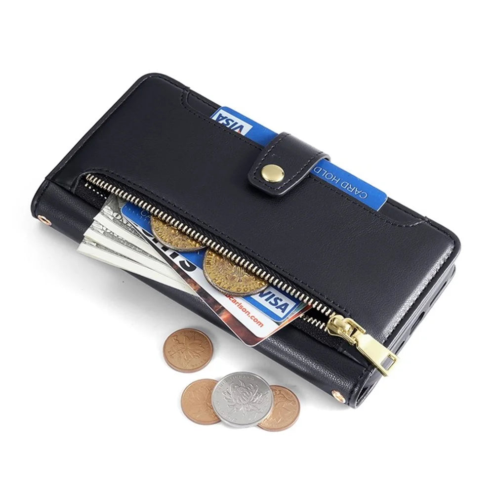 For OnePlus Nord CE4 Lite 5G / Oppo K12x 5G (China) Case PU Leather Crossbody Phone Cover with Zipper Pocket Wallet - Black - 6