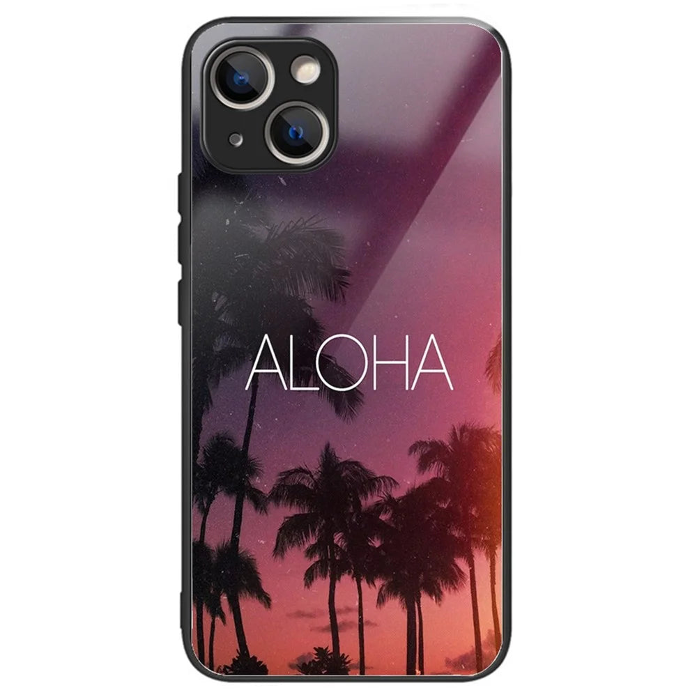 For iPhone 14 Tempered Glass Phone Case Pattern Printing Soft TPU Frame Shock Absorption Protective Cover - ALOHA - 1