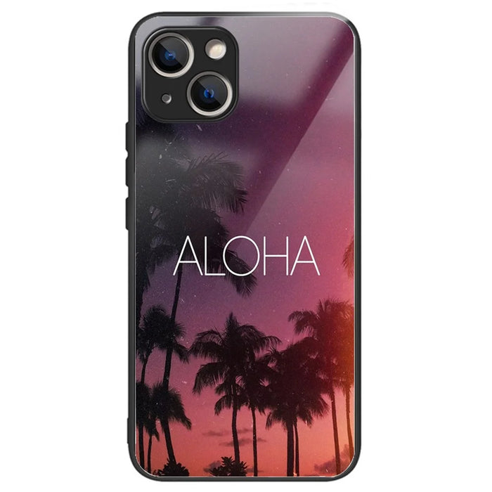 For iPhone 14 Tempered Glass Phone Case Pattern Printing Soft TPU Frame Shock Absorption Protective Cover - ALOHA - 1