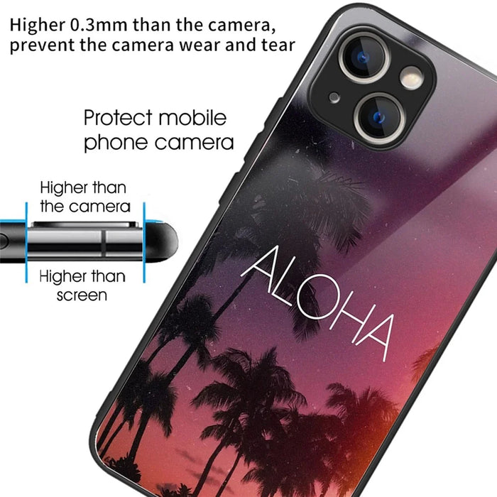 For iPhone 14 Tempered Glass Phone Case Pattern Printing Soft TPU Frame Shock Absorption Protective Cover - ALOHA - 2