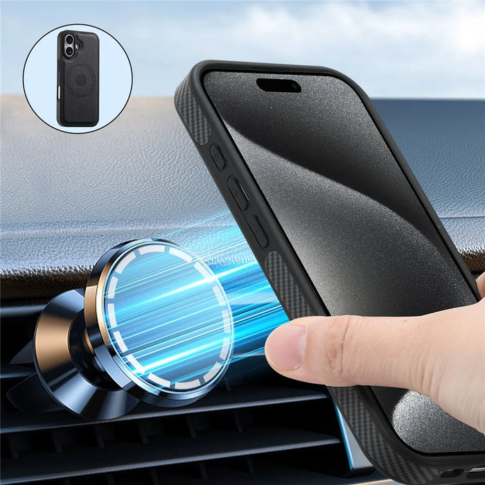 DENIOR For iPhone 16 Case Compatible with MagSafe Carbon Fiber Texture Leather Back Cover - Black - 6