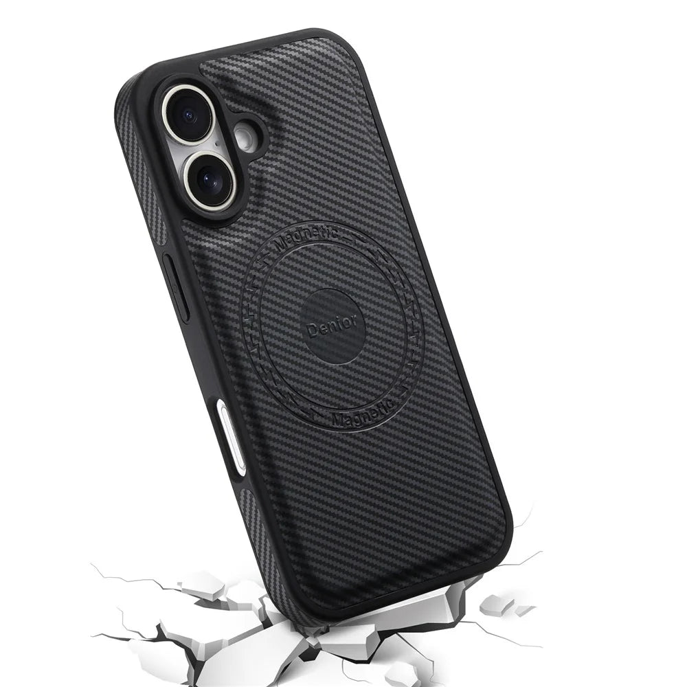 DENIOR For iPhone 16 Plus Case Compatible with MagSafe Carbon Fiber Texture Leather Back Cover - Black - 4