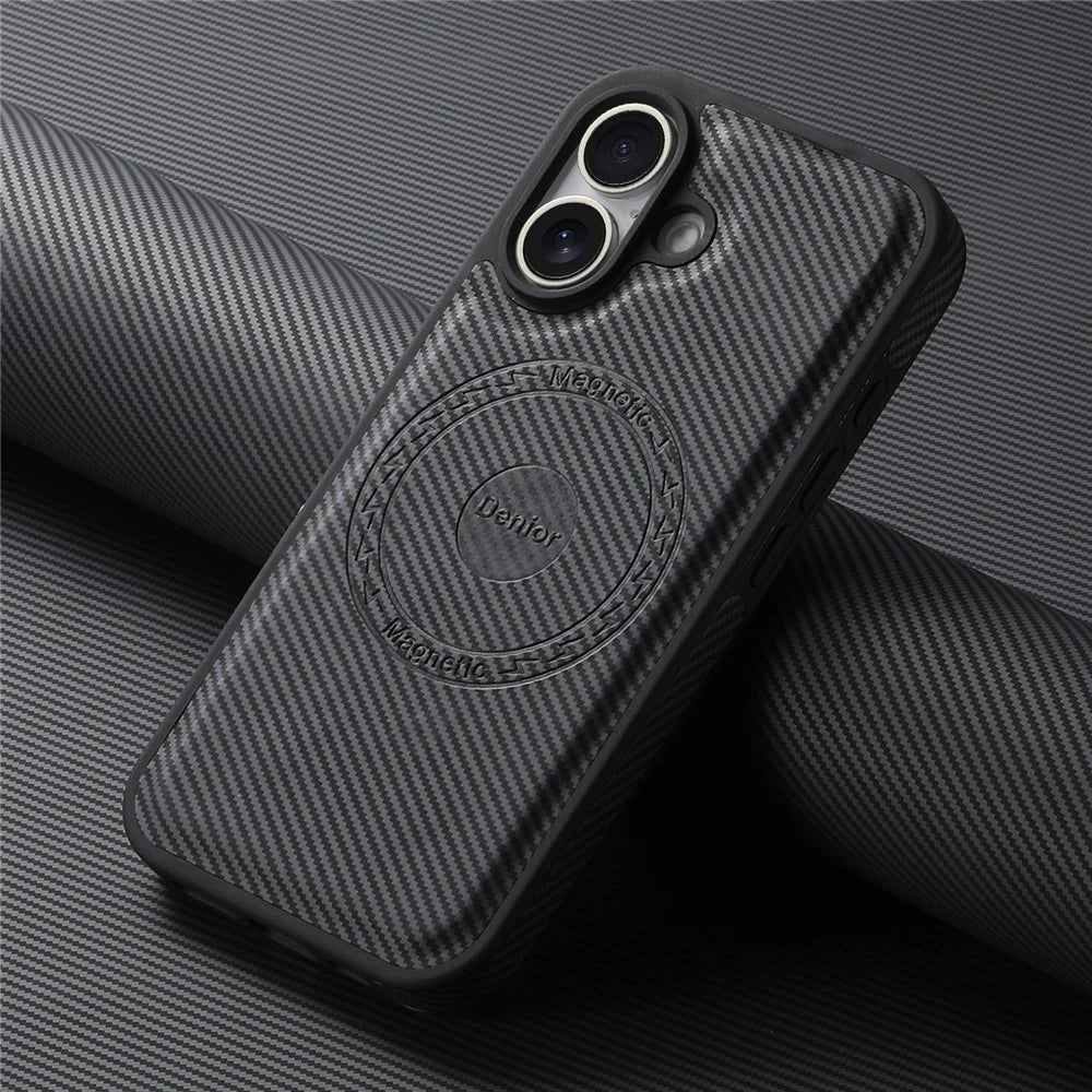 DENIOR For iPhone 16 Plus Case Compatible with MagSafe Carbon Fiber Texture Leather Back Cover - Black - 7