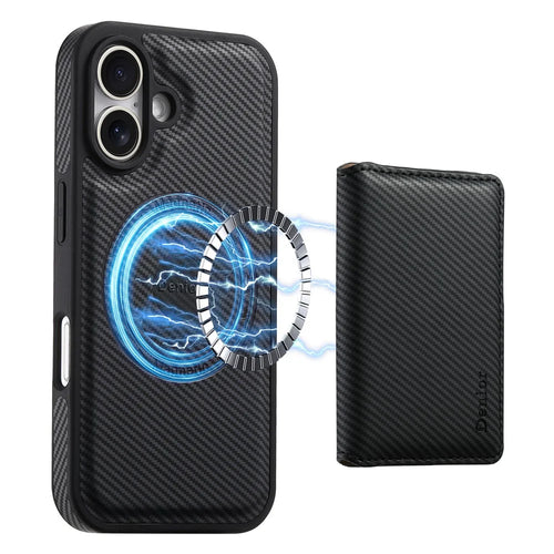 DENIOR For iPhone 16 Magnetic Case Carbon Fiber Texture Leather Back Cover with Detachable Card Bag - Black - 1