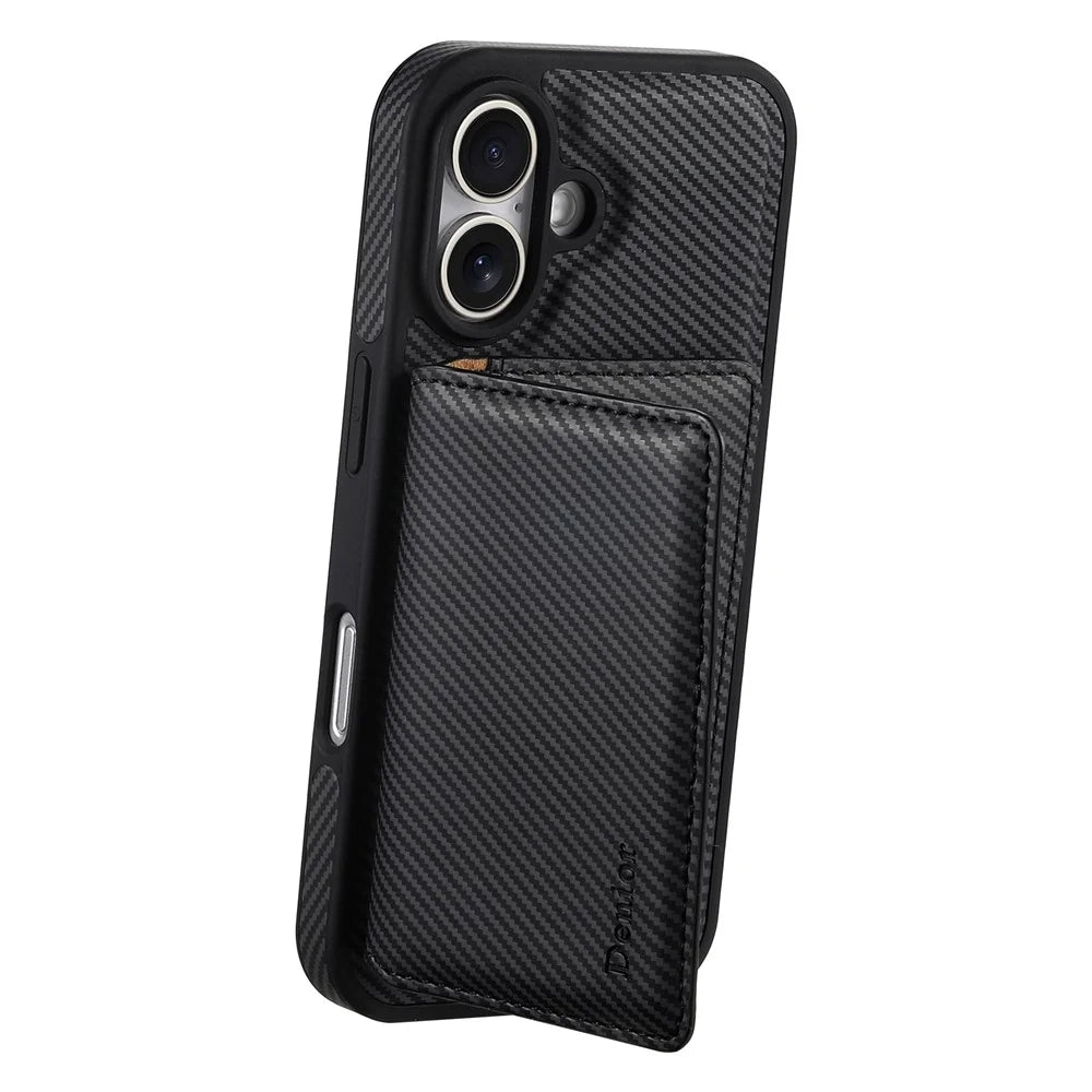 DENIOR For iPhone 16 Magnetic Case Carbon Fiber Texture Leather Back Cover with Detachable Card Bag - Black - 2