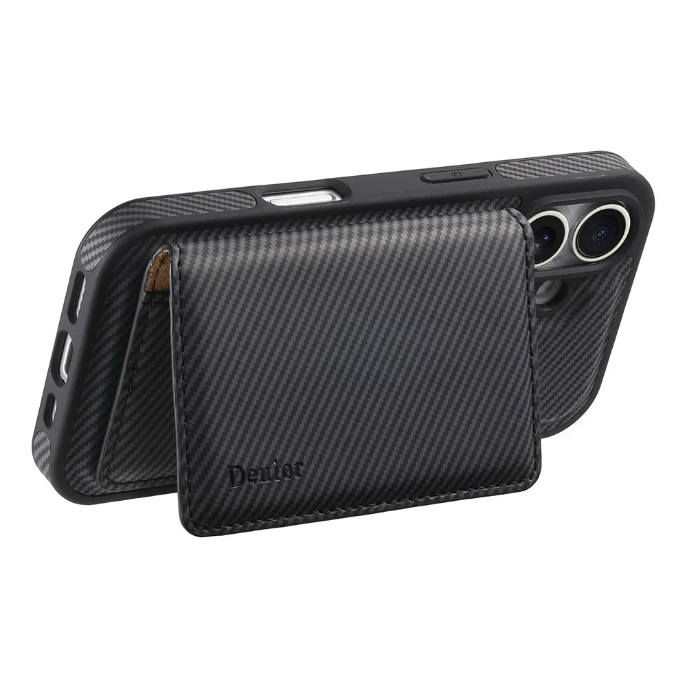 DENIOR For iPhone 16 Magnetic Case Carbon Fiber Texture Leather Back Cover with Detachable Card Bag - Black - 3
