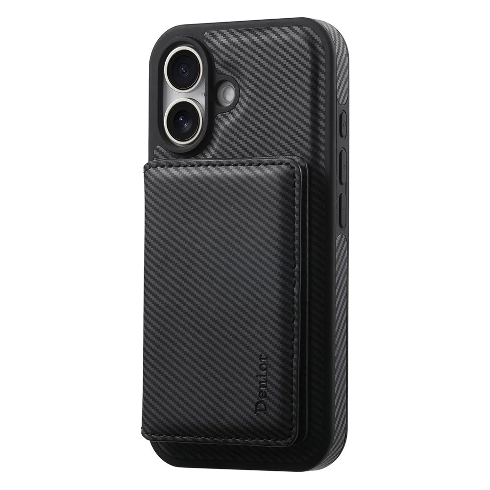 DENIOR For iPhone 16 Plus Magnetic Case Carbon Fiber Texture Leather Back Cover with Detachable Card Bag - Black - 4