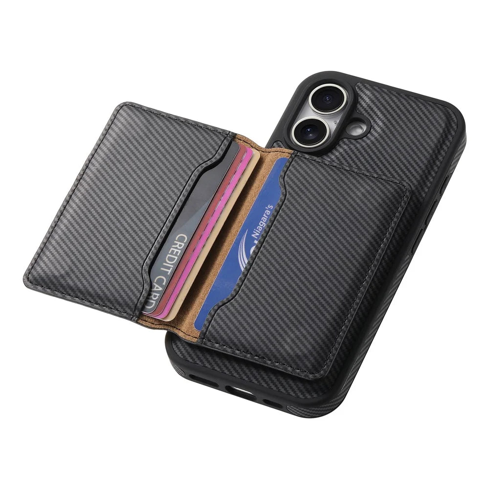 DENIOR For iPhone 16 Plus Magnetic Case Carbon Fiber Texture Leather Back Cover with Detachable Card Bag - Black - 5