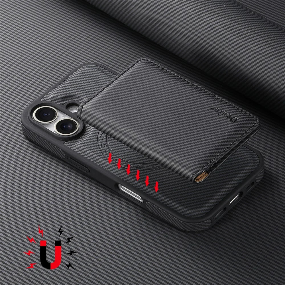 DENIOR For iPhone 16 Plus Magnetic Case Carbon Fiber Texture Leather Back Cover with Detachable Card Bag - Black - 7